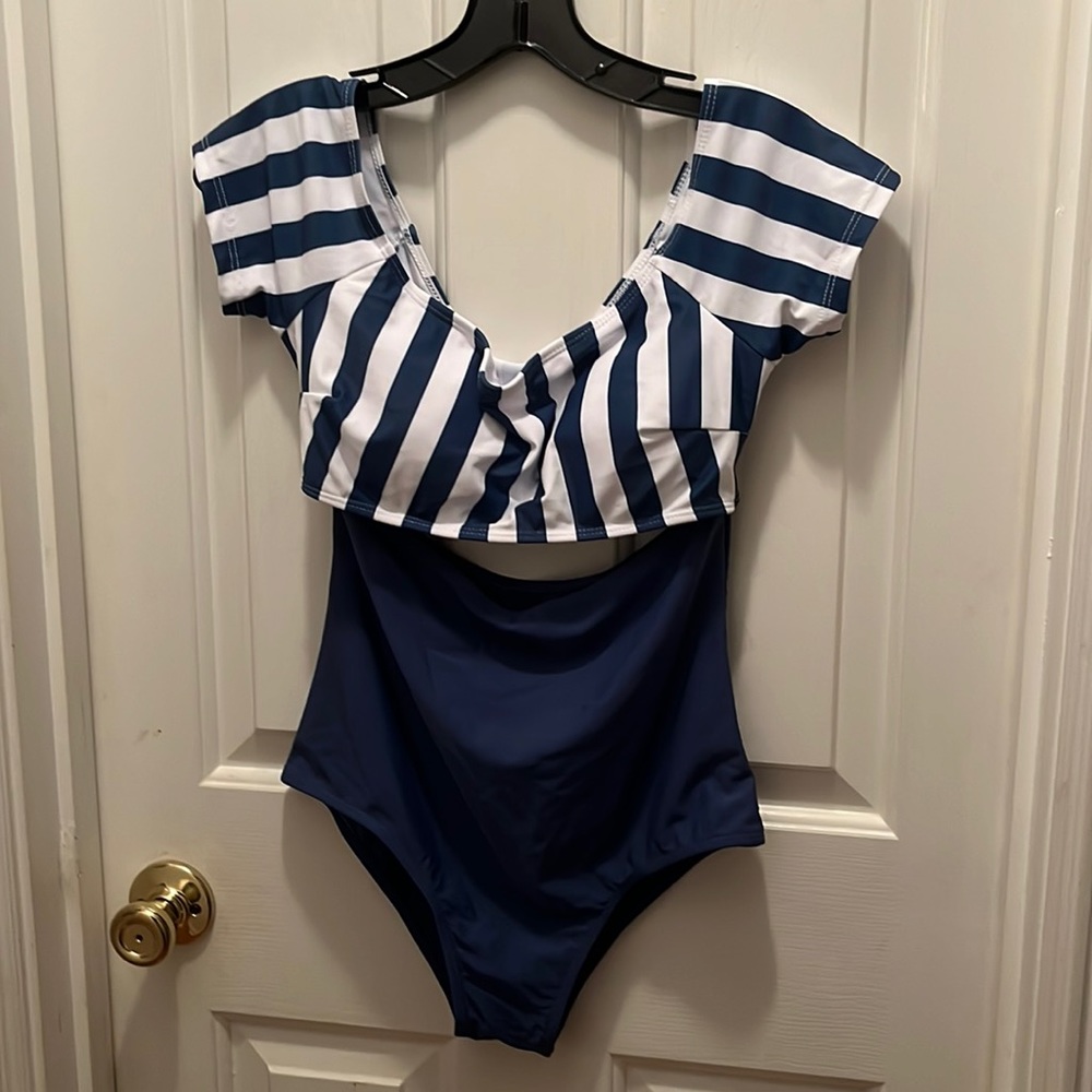 IFFEI Nautical Stripe One top solid blue bottom one piece bathing suit N…